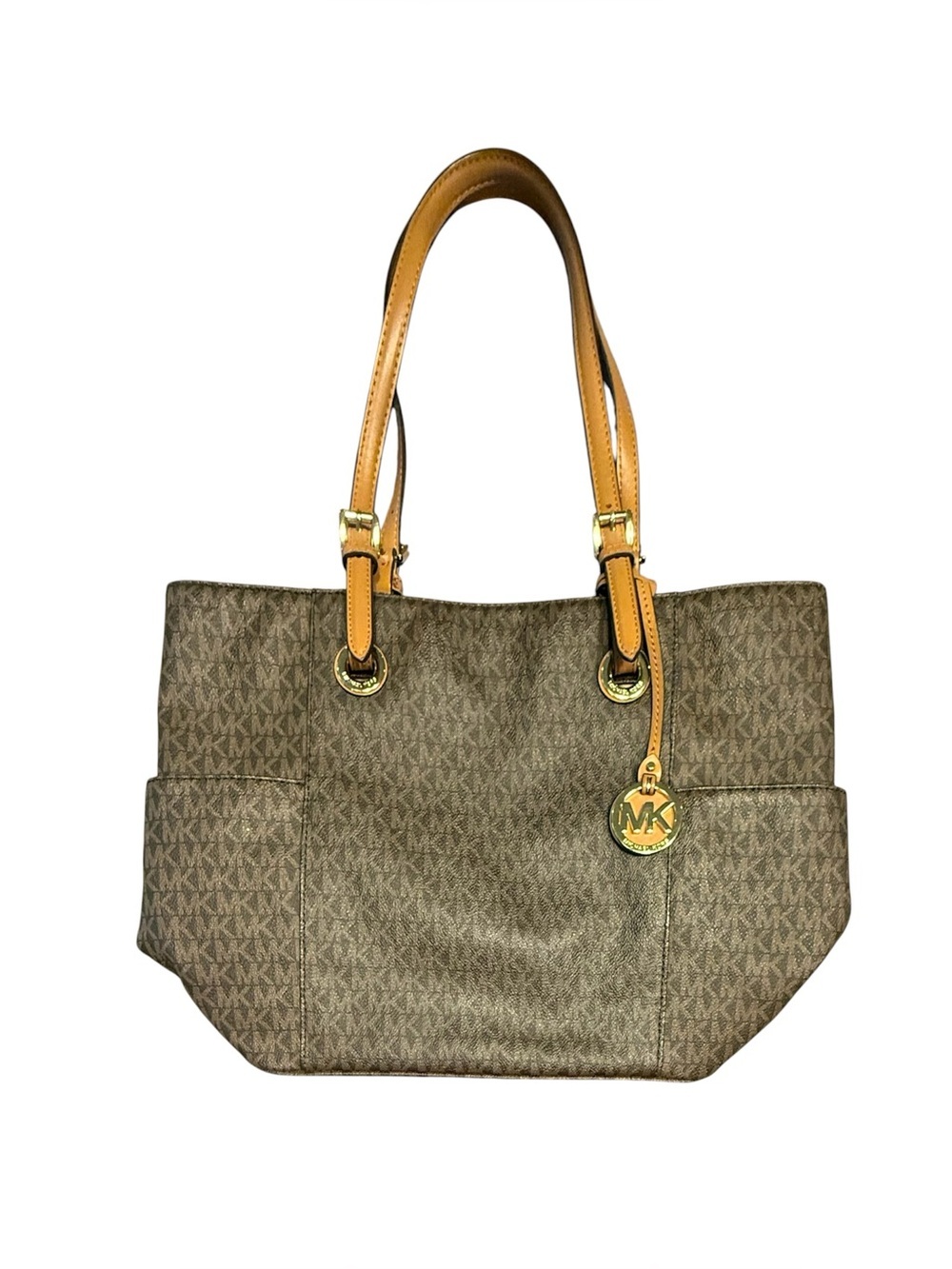 Michael Kors Jet Set East West Dark Brown Logo Tote with Cognac Straps